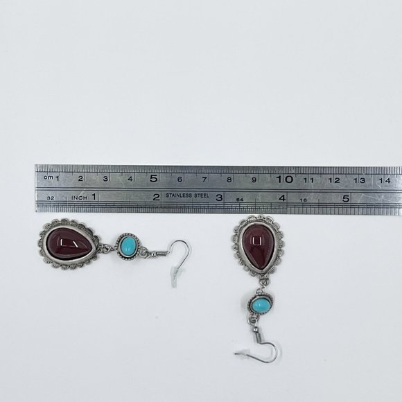 New / Hand Crafted - Southwestern Vibes Turquoise & Dark Red Dangle Earrings - Picture 5 of 6